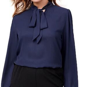 Heine Navy Elegant Bow Tie Neck Long Sleeve Blouse Hi-Low Hem Size Large